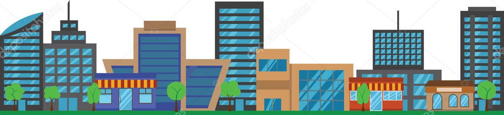 Panoramic view of city buildings isolated on white flat vector design