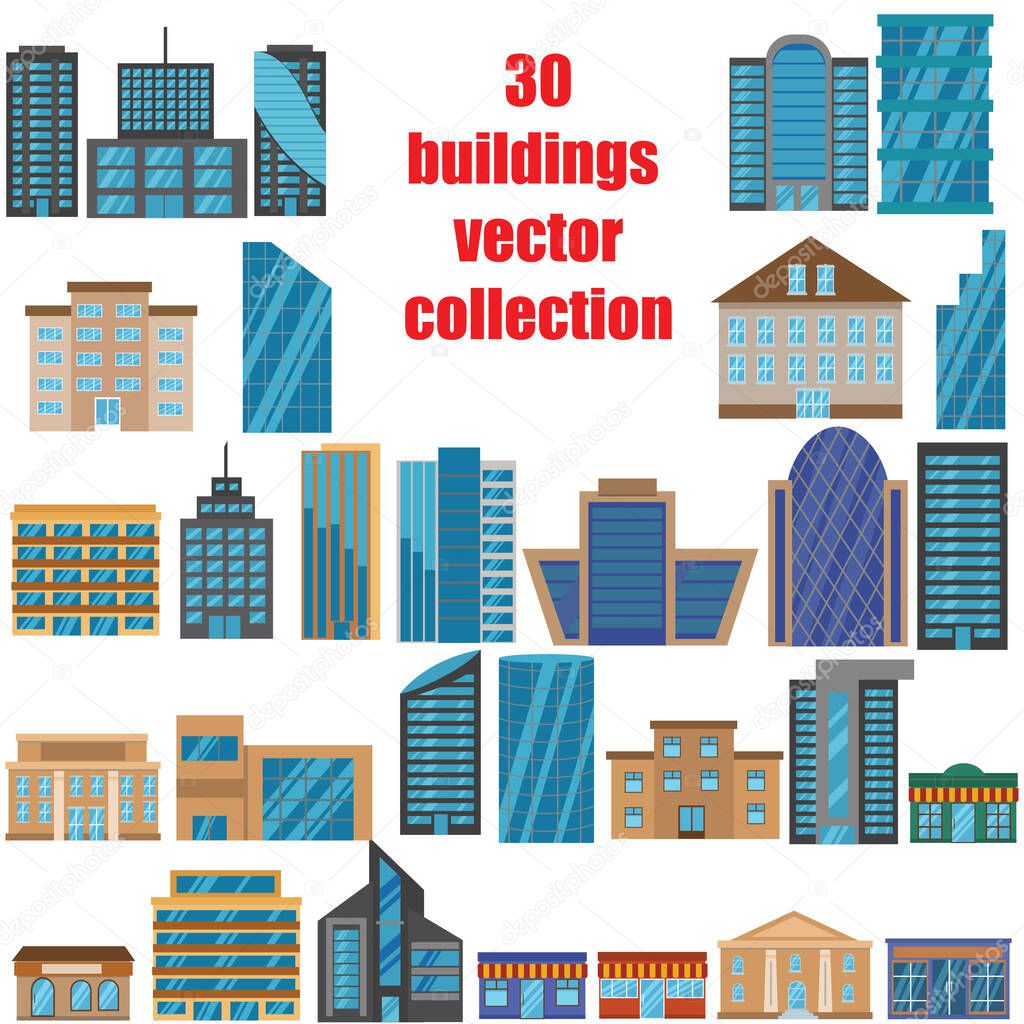Collection of different modern city buildings set vector flat design