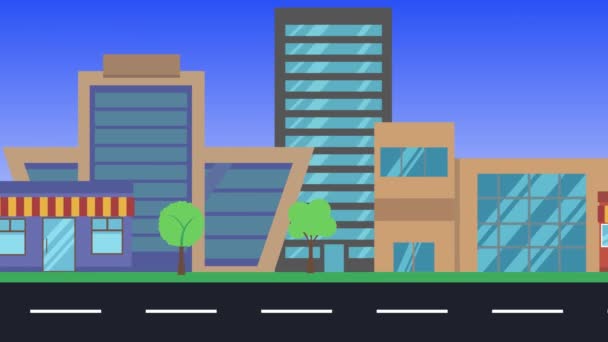 Animación Plana Fondo Ciudad Vista Frontal Edificios Arquitectónicos Modernos Carretera — Vídeo de stock