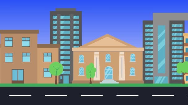 Flat Animation City Background Front View Modern Architectural Buildings Road — Stock Video