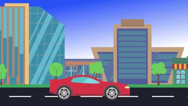 Autofahrten Rund Die Stadt Seitenansicht Loop Animation Flacher Design Hintergrund — Stockvideo