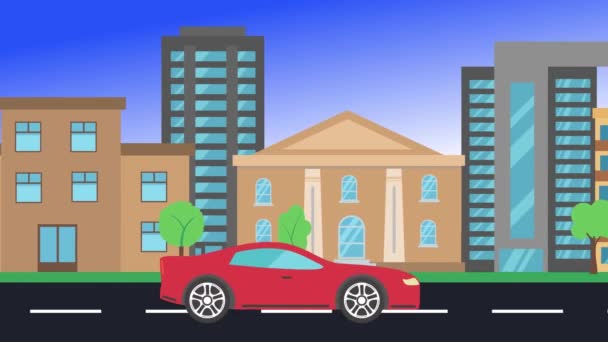 Autofahrten Rund Die Stadt Seitenansicht Loop Animation Flacher Design Hintergrund — Stockvideo