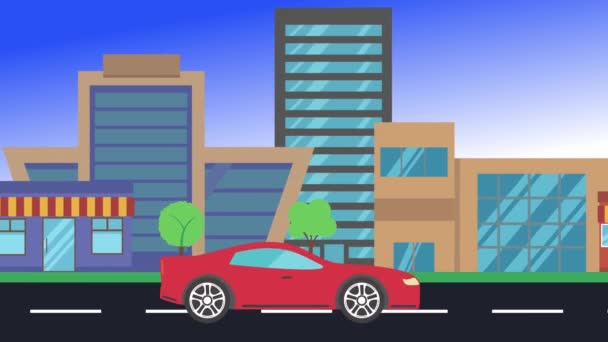 Autofahrten Rund Die Stadt Seitenansicht Loop Animation Flacher Design Hintergrund — Stockvideo