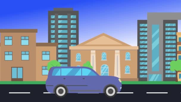 シティサイドビュー ループアニメーション フラットデザインの背景をドライブする車 — ストック動画