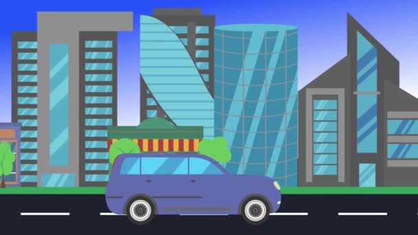 Autofahrten Rund Die Stadt Seitenansicht Loop Animation Flacher Design Hintergrund — Stockvideo