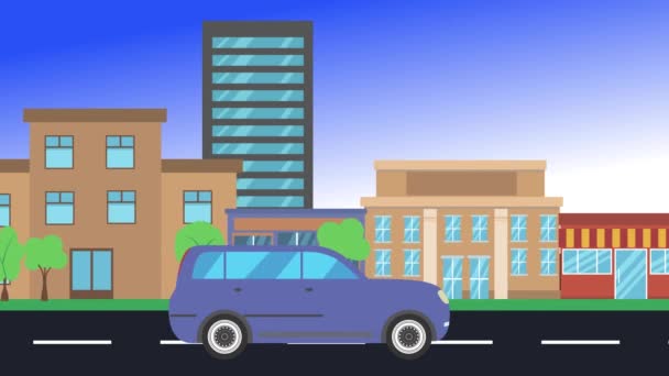 Auto Rijden Rijdt Rond Stad Zijaanzicht Lus Animatie Plat Ontwerp — Stockvideo