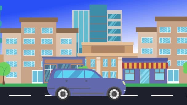 Auto Rijden Rijdt Rond Stad Zijaanzicht Lus Animatie Plat Ontwerp — Stockvideo