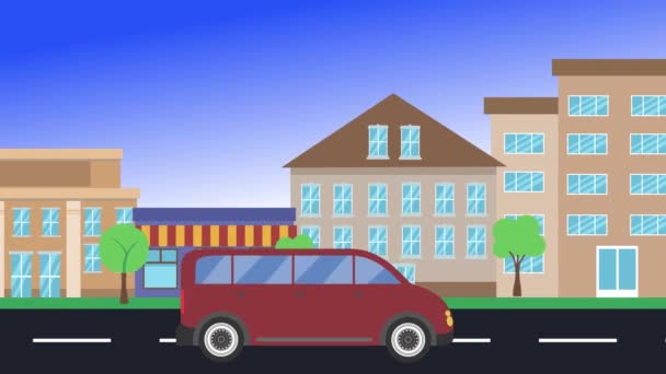 Autofahrten Rund Die Stadt Seitenansicht Loop Animation Flacher Design Hintergrund — Stockvideo