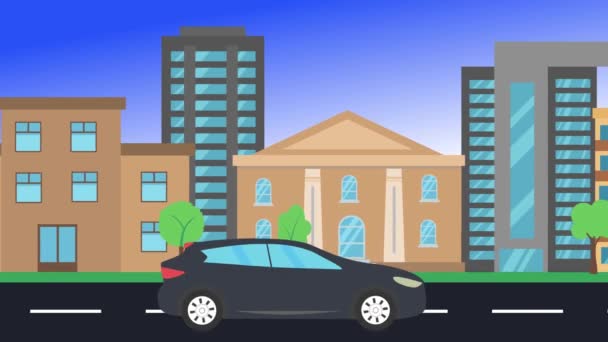 Car Driving Rides City Side View Loop Animation Flat Design — Stock Video