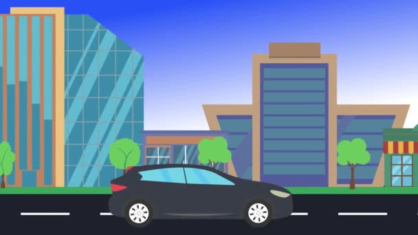 Car Driving Rides City Side View Loop Animation Flat Design — Stock Video