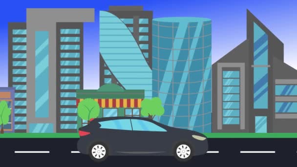 Auto Rijden Rijdt Rond Stad Zijaanzicht Lus Animatie Plat Ontwerp — Stockvideo