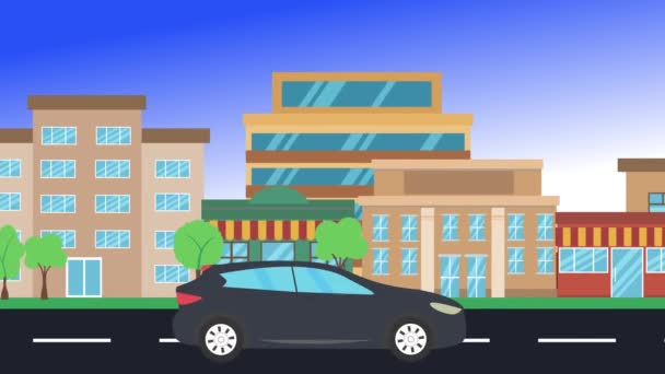 Autofahrten Rund Die Stadt Seitenansicht Loop Animation Flacher Design Hintergrund — Stockvideo