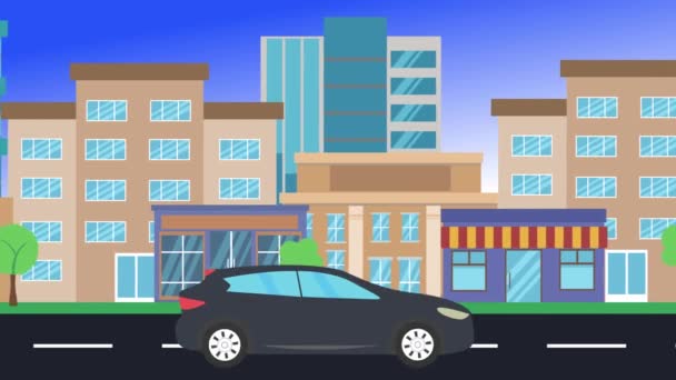 Auto Rijden Rijdt Rond Stad Zijaanzicht Lus Animatie Plat Ontwerp — Stockvideo
