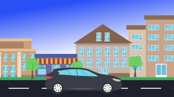 Car Driving Rides City Side View Loop Animation Flat Design — Stock Video