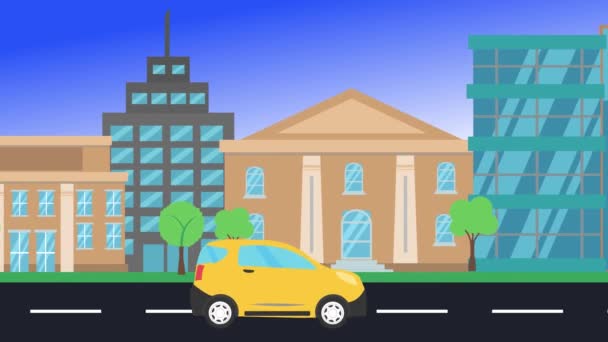 Вождение Автомобиля Едет Городу Вид Сбоку Цикл Анимации Плоский Дизайн — стоковое видео
