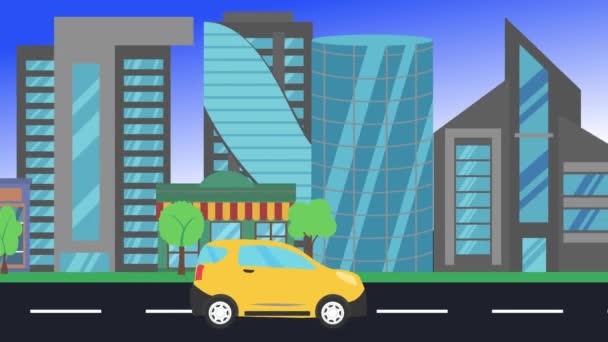 Car Driving Rides City Side View Loop Animation Flat Design — Stock Video