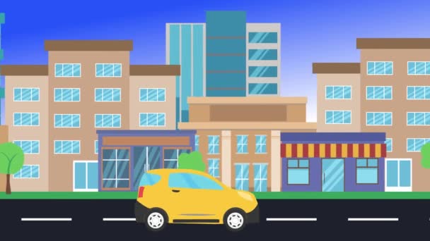 Autofahrten Rund Die Stadt Seitenansicht Loop Animation Flacher Design Hintergrund — Stockvideo