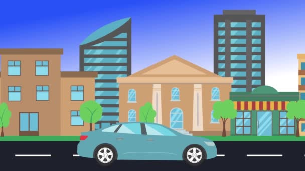 Auto Rijden Rijdt Rond Stad Zijaanzicht Lus Animatie Plat Ontwerp — Stockvideo