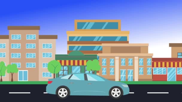 Autó Vezetés Túrák Város Oldalán Nézet Hurok Animáció Lapos Design — Stock videók