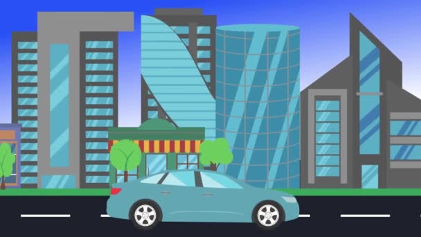 Auto Rijden Rijdt Rond Stad Zijaanzicht Lus Animatie Plat Ontwerp — Stockvideo