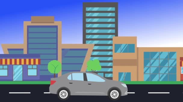 Autofahrten Rund Die Stadt Seitenansicht Loop Animation Flacher Design Hintergrund — Stockvideo