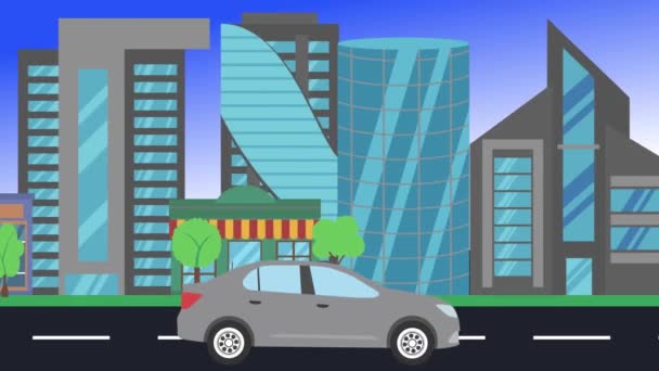 シティサイドビュー ループアニメーション フラットデザインの背景をドライブする車 — ストック動画