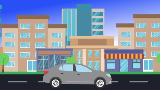 Autó Vezetés Túrák Város Oldalán Nézet Hurok Animáció Lapos Design — Stock videók