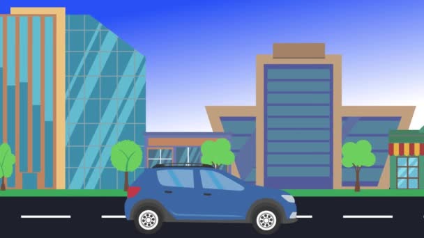 Вождение Автомобиля Едет Городу Вид Сбоку Цикл Анимации Плоский Дизайн — стоковое видео