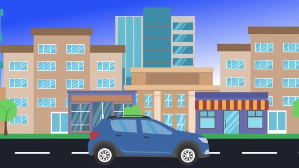 Auto Rijden Rijdt Rond Stad Zijaanzicht Lus Animatie Plat Ontwerp — Stockvideo