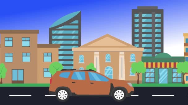 Car Driving Rides City Side View Loop Animation Flat Design — Stock Video