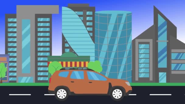 Auto Rijden Rijdt Rond Stad Zijaanzicht Lus Animatie Plat Ontwerp — Stockvideo