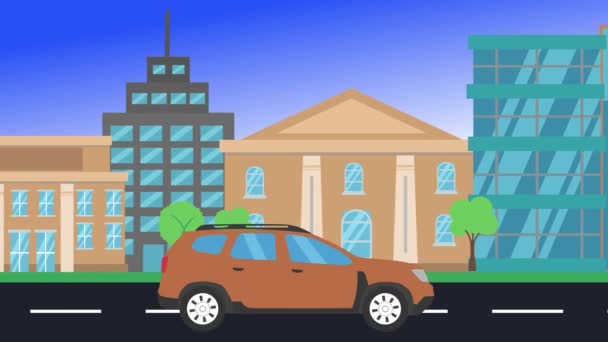 Carro Condução Passeios Torno Cidade Vista Lateral Animação Loop Plano — Vídeo de Stock