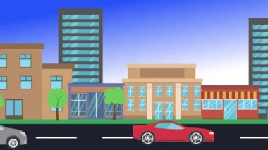 Arabalar şehirde tur atıyor, 2D animasyon, düz tasarım arka plan