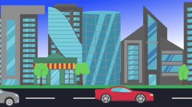 Arabalar şehirde tur atıyor, 2D animasyon, düz tasarım arka plan