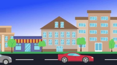 Arabalar şehirde tur atıyor, 2D animasyon, düz tasarım arka plan