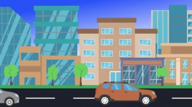 Arabalar şehirde tur atıyor, 2D animasyon, düz tasarım arka plan