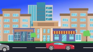 Arabalar şehirde tur atıyor, 2D animasyon, düz tasarım arka plan