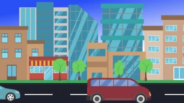 Arabalar şehirde tur atıyor, 2D animasyon, düz tasarım arka plan