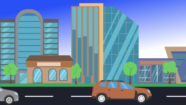 街中を走る車2次元アニメーションフラットデザインの背景 — ストック動画