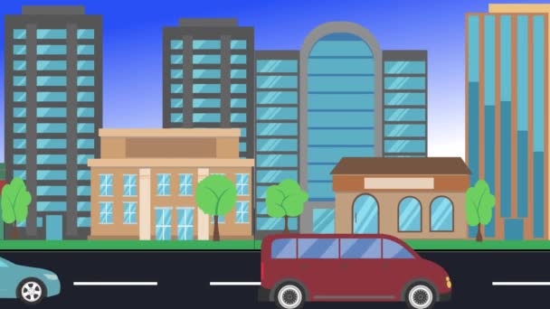 驾驶汽车绕城行驶 2D动画 平面设计背景 — 图库视频影像