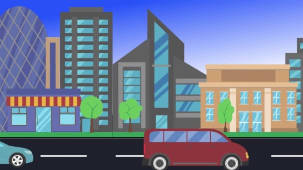 街中を走る車2次元アニメーションフラットデザインの背景 — ストック動画