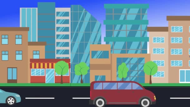 Huurauto Rijden Rond Stad Animatie Flat Design Achtergrond — Stockvideo