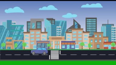 Şehir arka planının panoramik görüntüsü, yolda arabalar, düz tasarım.