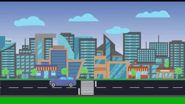 Şehir arka planının panoramik görüntüsü, yolda arabalar, düz tasarım.
