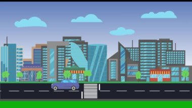 Şehir arka planının panoramik görüntüsü, yolda arabalar, düz tasarım.