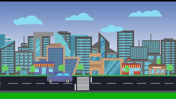 Панорамный Вид Задний План Города Автомобильные Прогулки Дороге Вокруг Плоский — стоковое видео