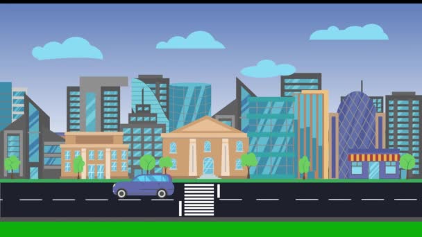 Panoramiczny Widok Tło Miasta Przejażdżki Samochodami Drogach Płaski Design — Wideo stockowe