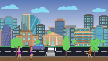 Şehrin arka plan animasyonunun panoramik görüntüsü, yolda arabalar, sokakta yürüyen insanlar, düz tasarım.