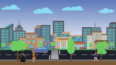 Şehrin arka plan animasyonunun panoramik görüntüsü, yolda arabalar, sokakta yürüyen insanlar, düz tasarım.