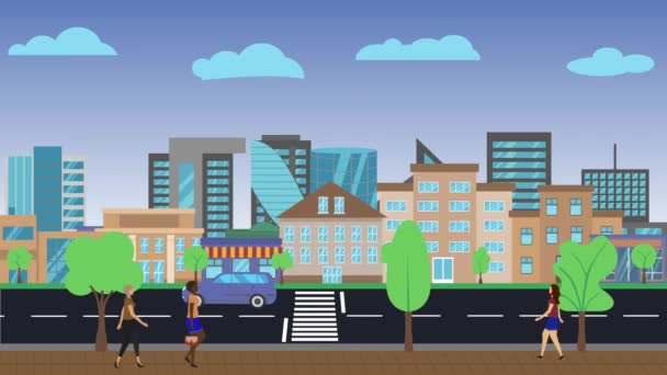 Vista Panorámica Animación Fondo Ciudad Paseos Coche Por Carretera Gente — Vídeo de stock